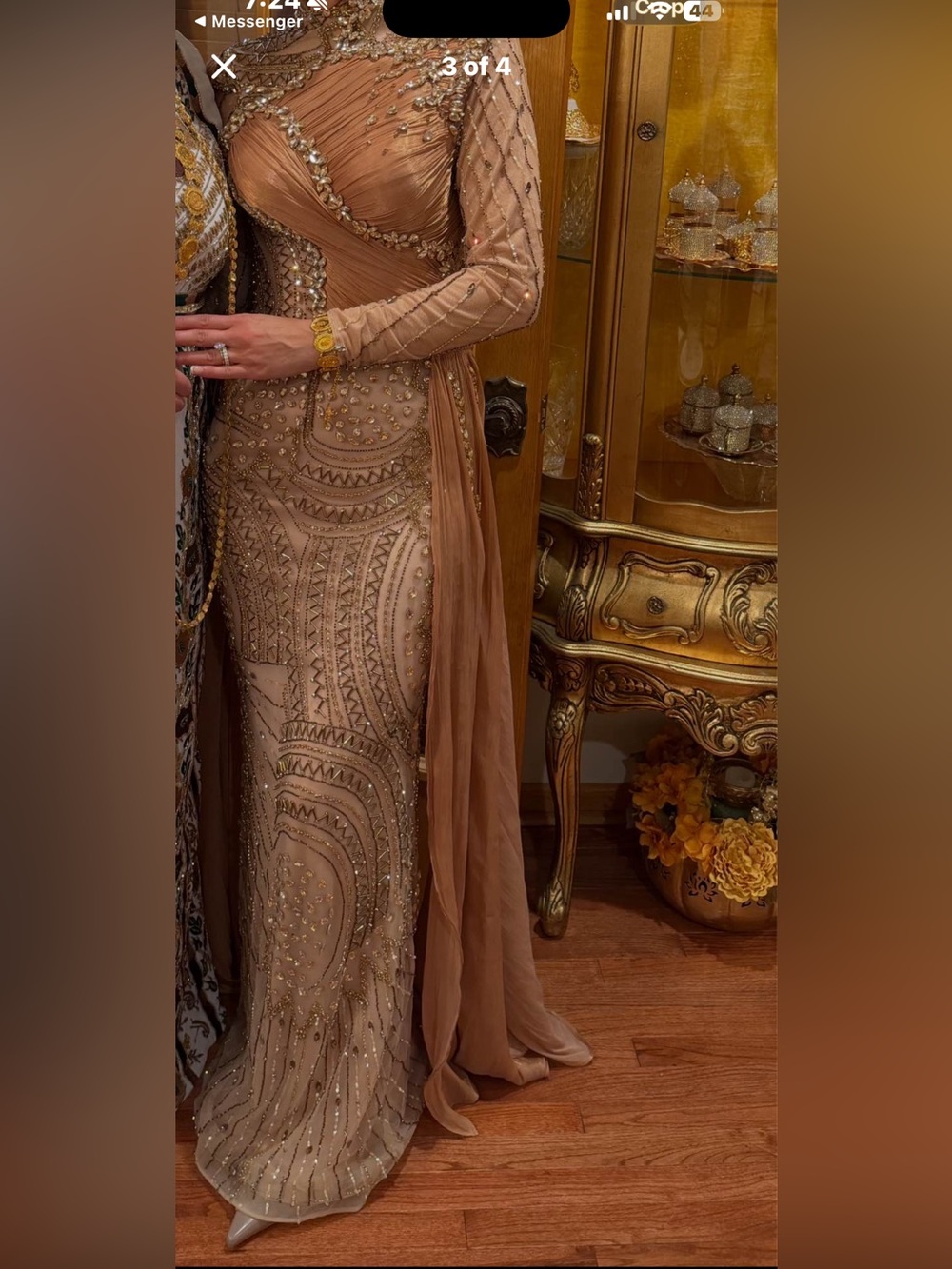 Embellished Long-Sleeve Taupe Evening Gown